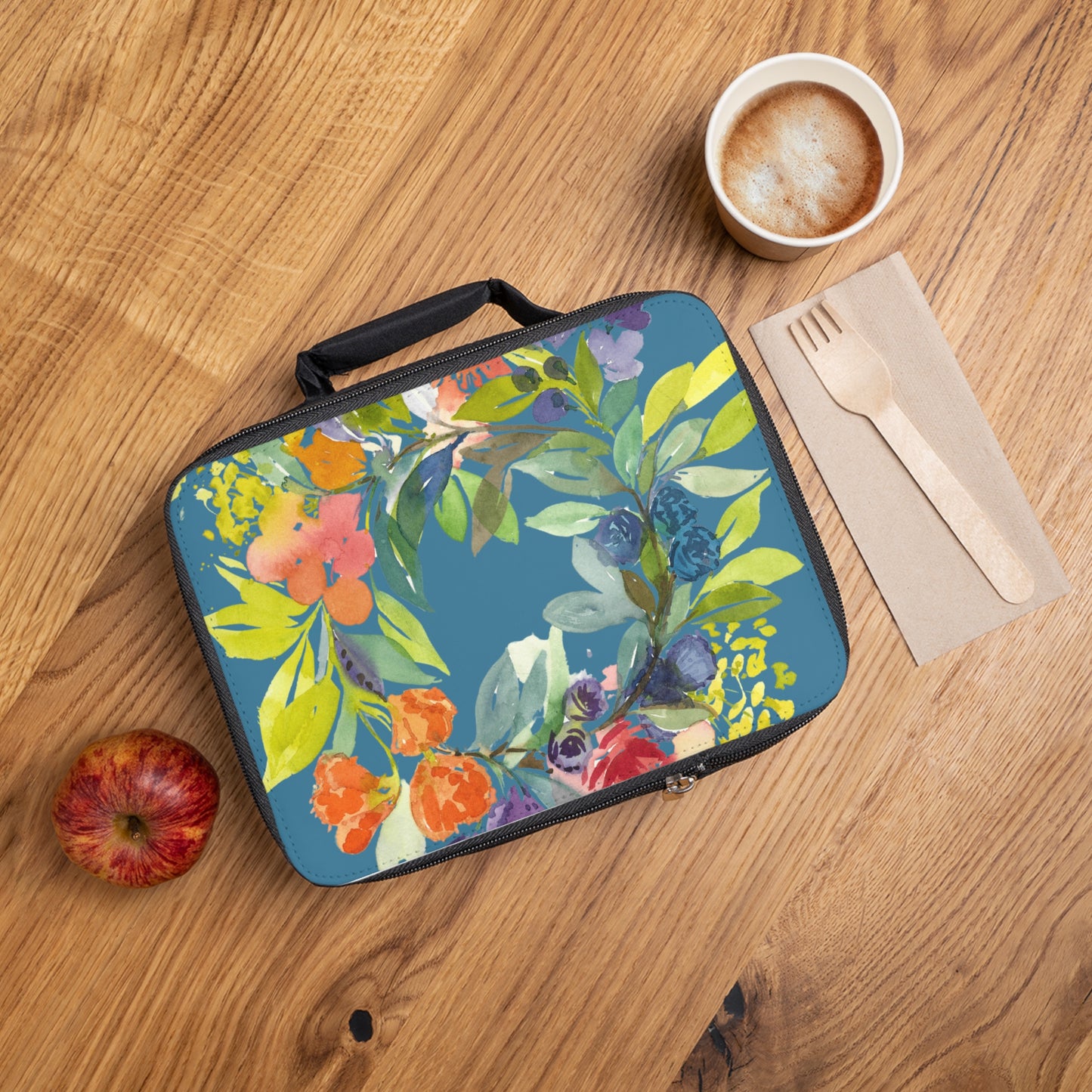 Harbor Blue Floral Blooms Wreath Watercolor Design Lunch Bag – Eco-Friendly Tote for School, Work, Picnics & Beach - Brooke Zitting, LLC