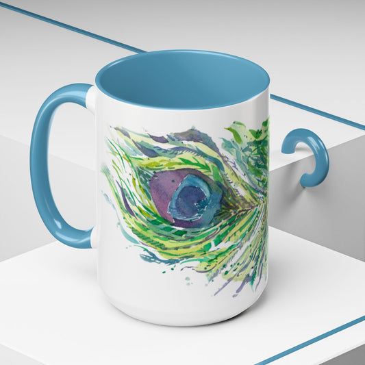 Light as a Feather Peacock Feather Accent Coffee Mug (11, 15oz) - Brooke Zitting, LLC