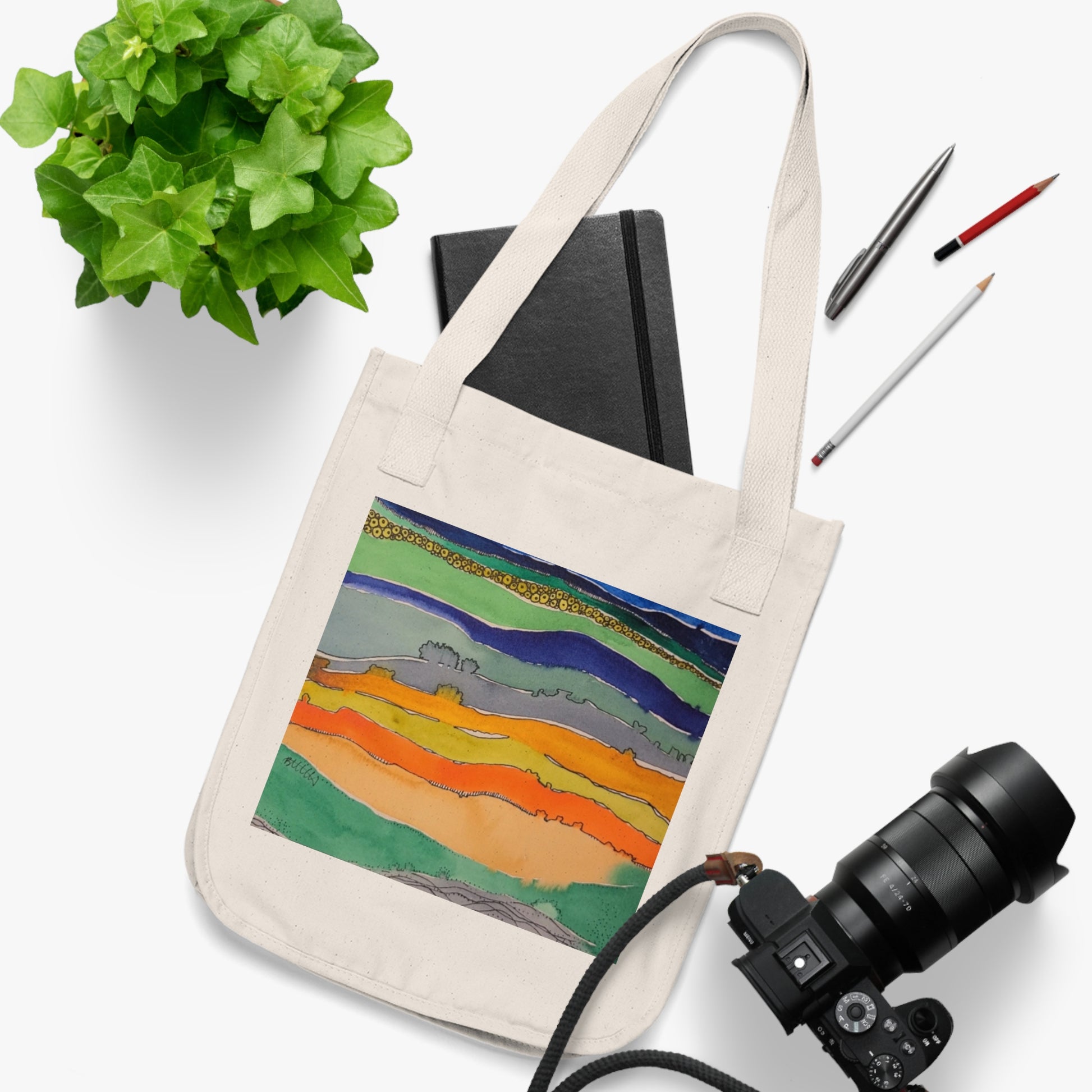 Striped Landscape Watercolor Design Organic Canvas Tote – Eco-Friendly, Watercolor Fine Art, Reusable Bag for Art Lovers - Brooke Zitting, LLC